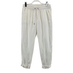 Athleta Bali Linen Pants Women 8 White Cropped Midrise Pockets Boho Chic Coastal